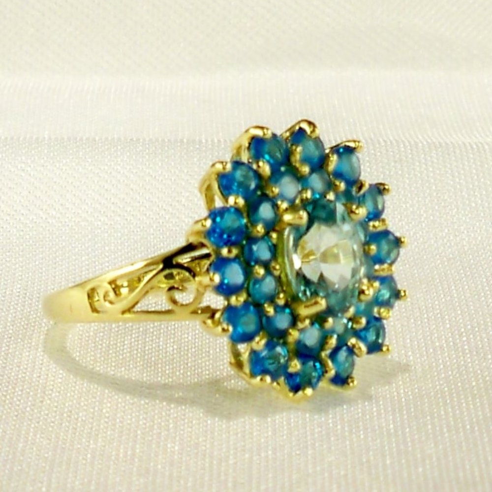 New 14K Gold *Simulated Tourmaline, Double Halo Sapphires Ring